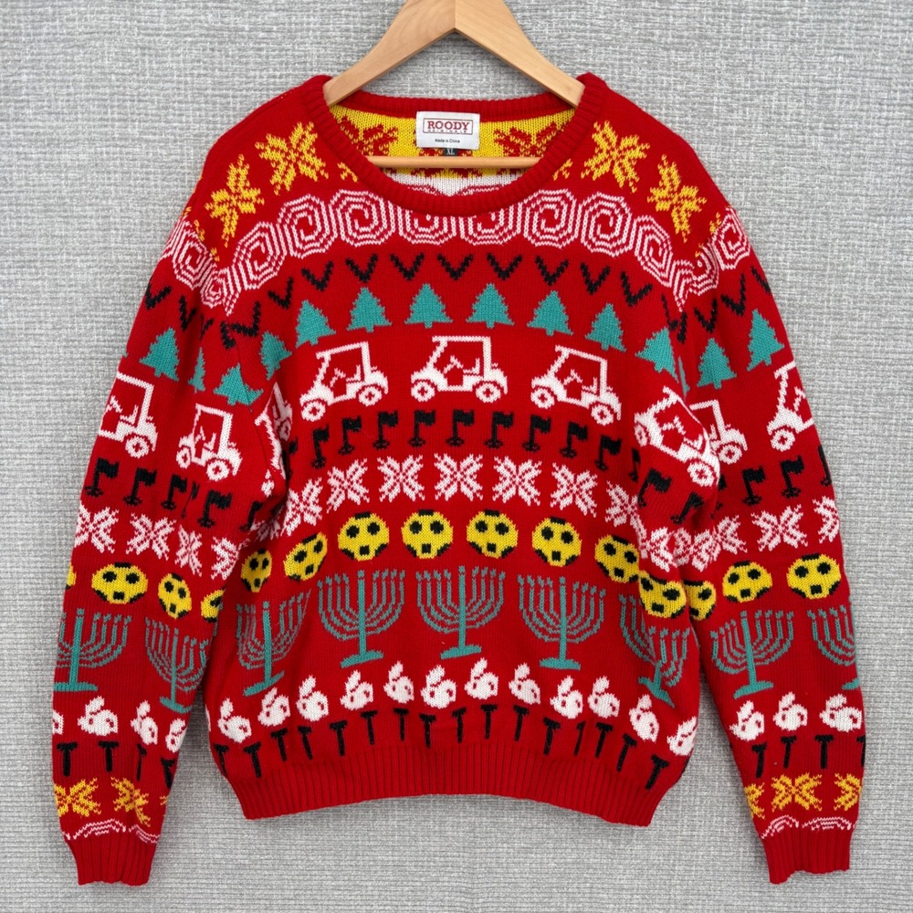 ROODY ORIGINALS Mens Red Holiday Hanukkah‎ Golf Ugly Sweater XL